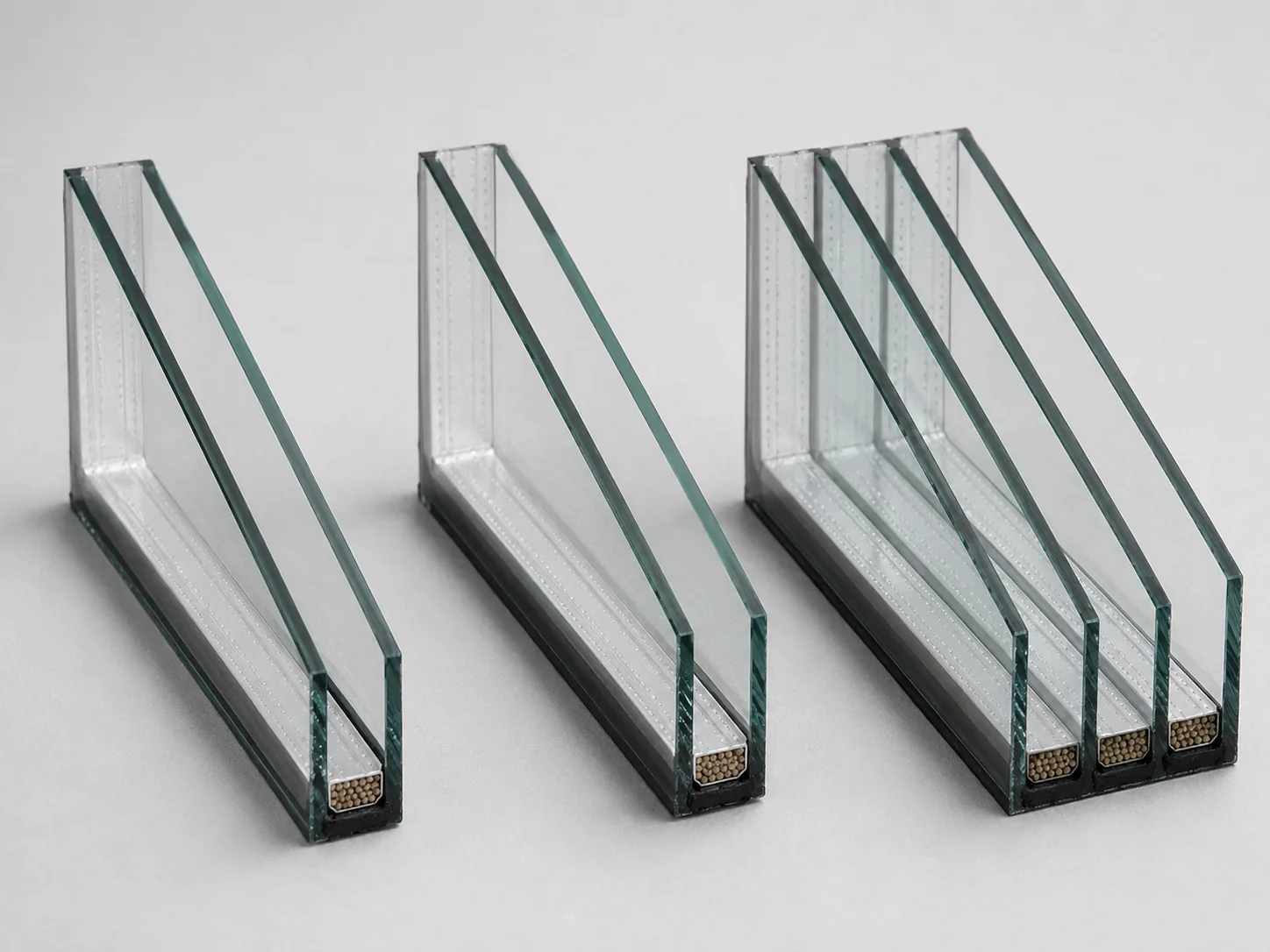 Double-glazed and triple-glazed insulated glass unit samples standing on a workbench in a window showroom