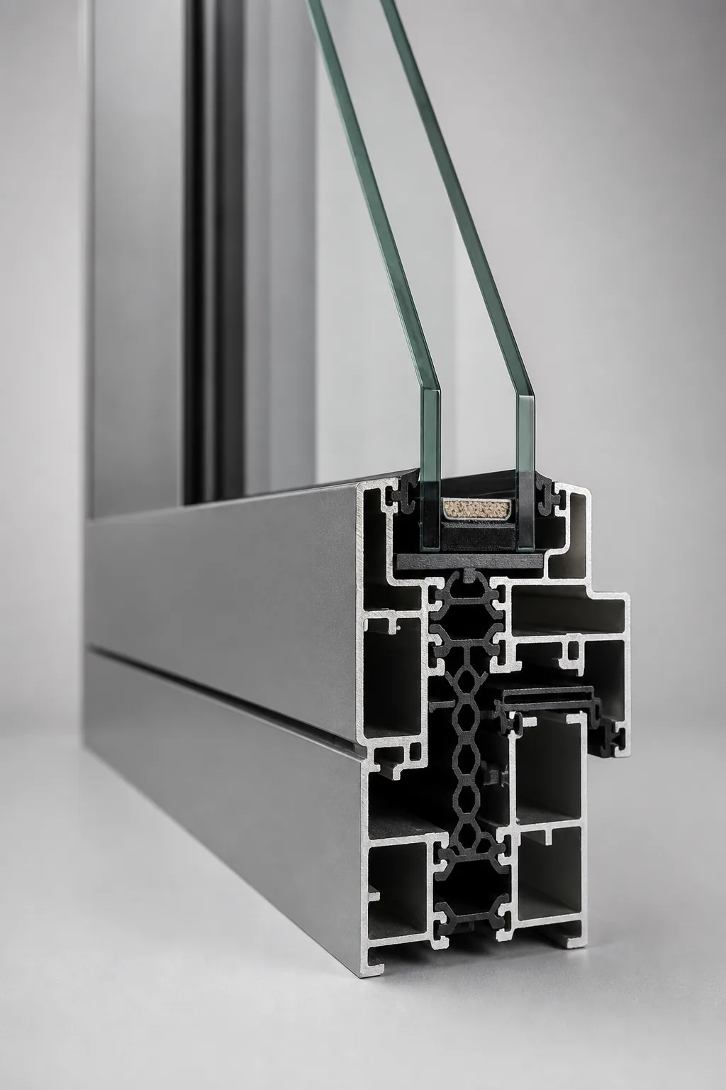 Cross-section of a thermal-break aluminum window profile showing the aluminum chambers and polyamide insulating strip holding double glazing